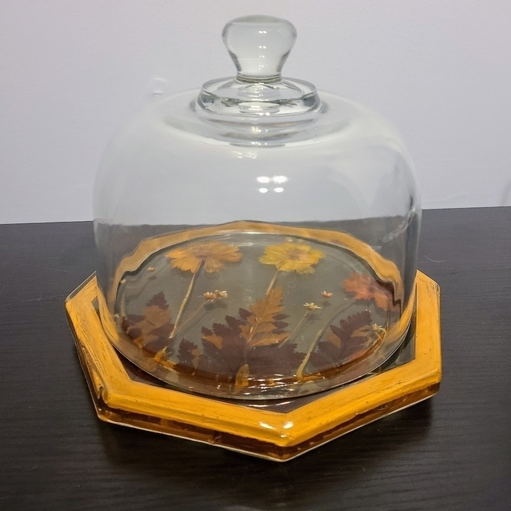Vintage Lucite Pressed Flowers Domed Cheese Plate